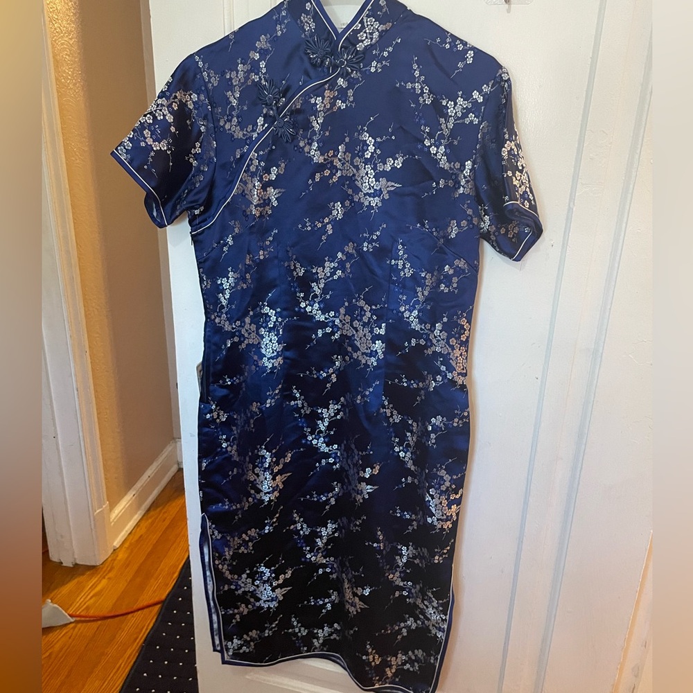 Yin Xing Blue Floral traditional Cheongsam dress 100% Rayon size M